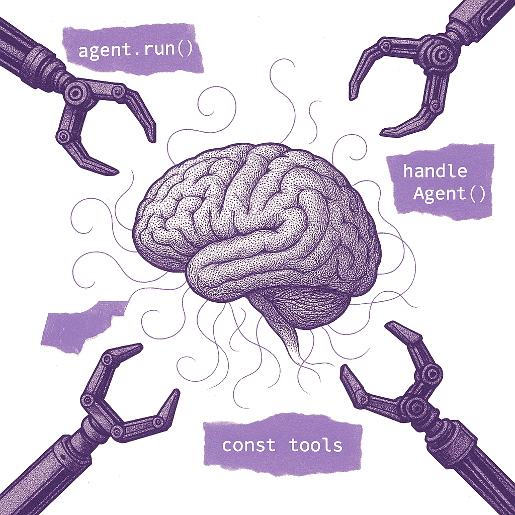 AI Agent architecture — brain connected to tickets, documents, database, and chat