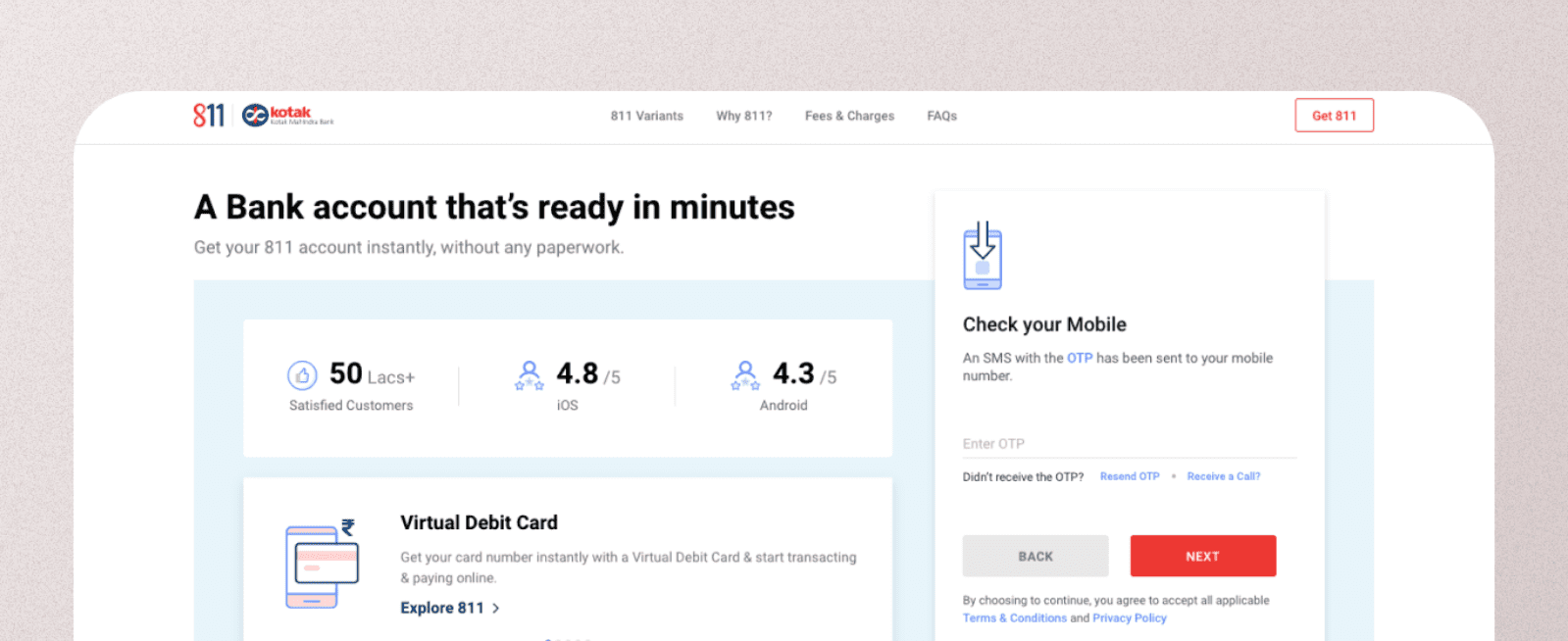 User experience design for Kotak 811 digital Banking application